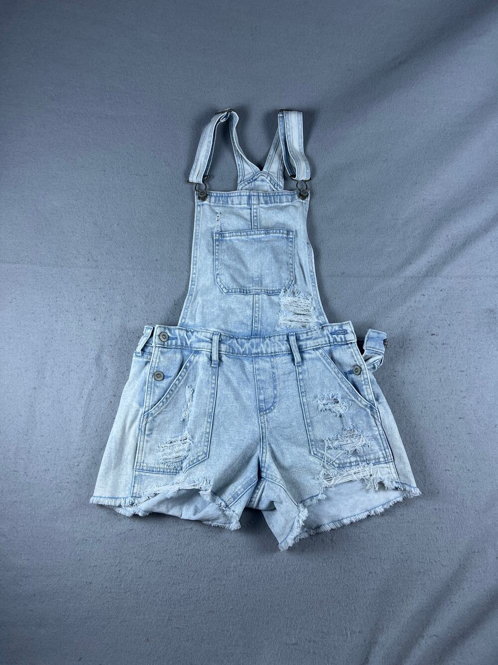 Hollister Boyfriend Short Overalls Womens S Blue Denim Distressed Raw Hem Cutoff